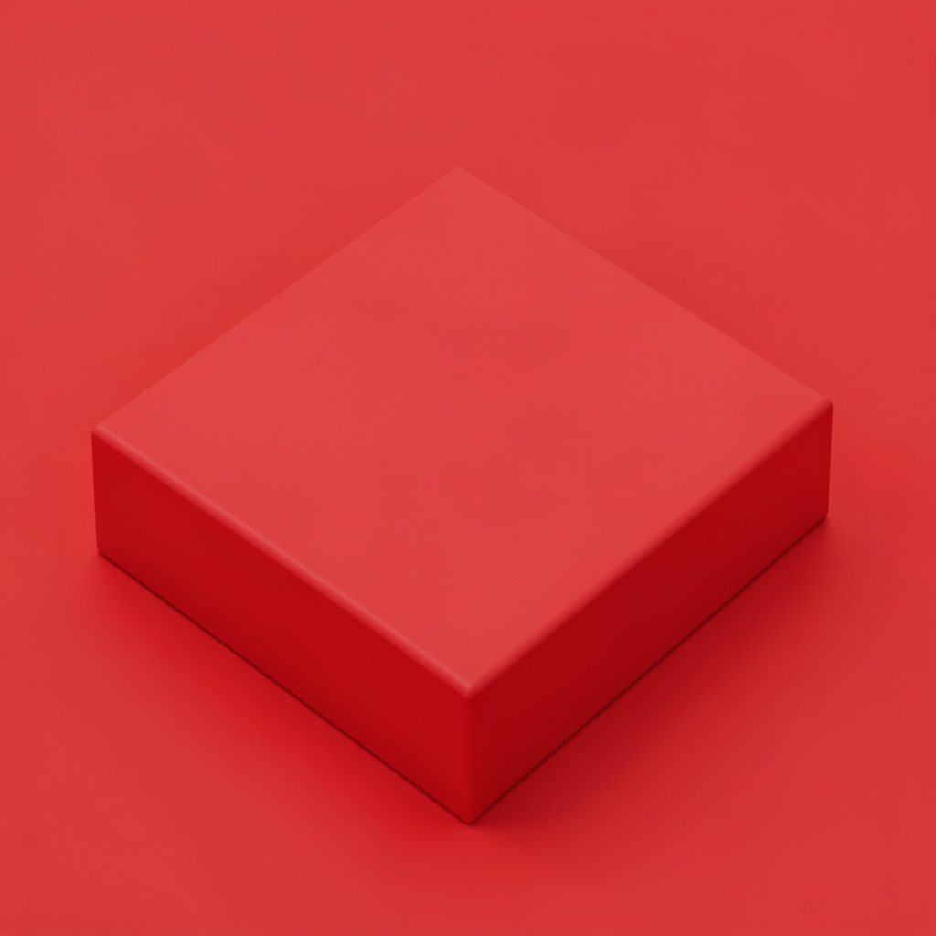 Isometric 3D render of a desktop workstation with monitor and printer, dusty red and grey