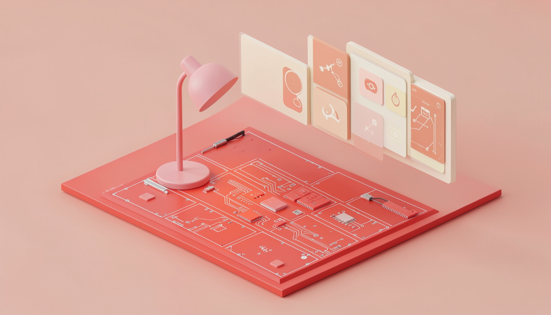 Isometric 3D render of a tidy workspace with circuit-board tiles, a soft pink desk lamp and a floating window of category icons in muted coral and cream tones.
